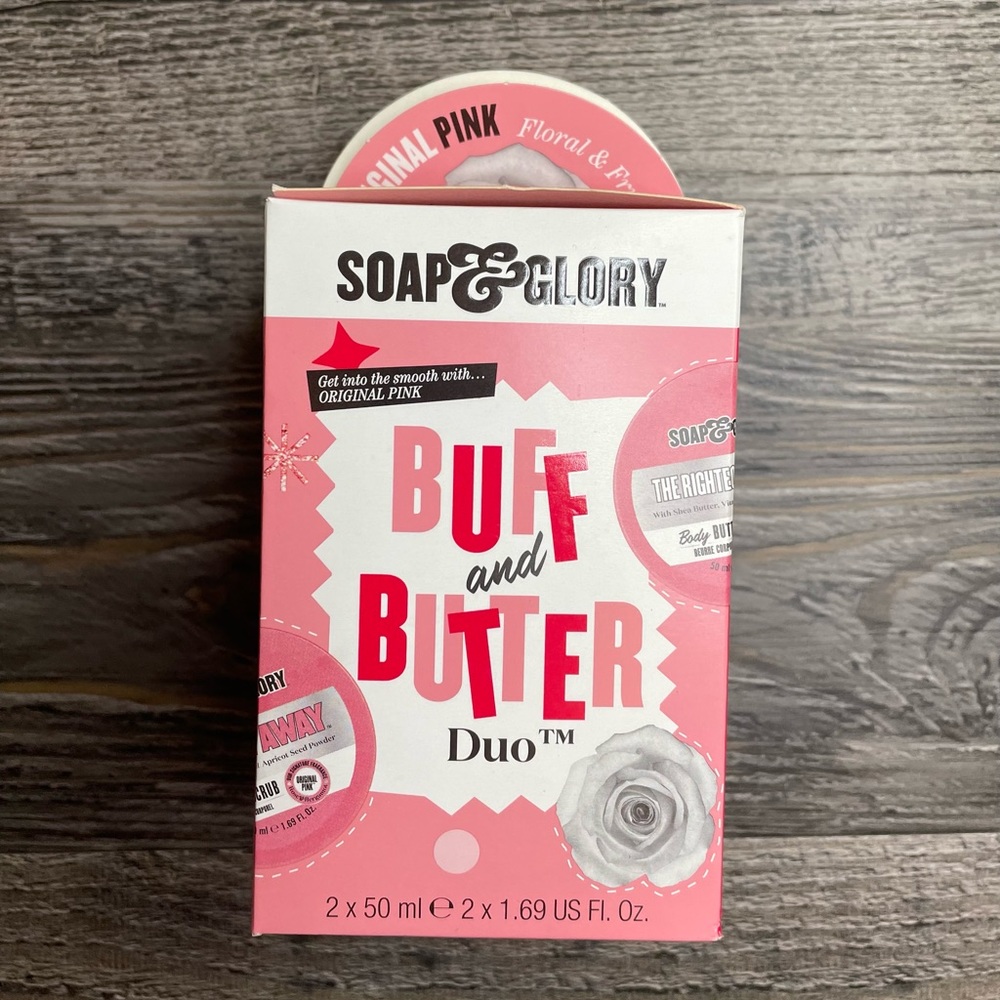 NEW ~ Soap & Glory ~ Buff & Butter 2 Pack ~ Flake Away Scrub~Righteous Butter